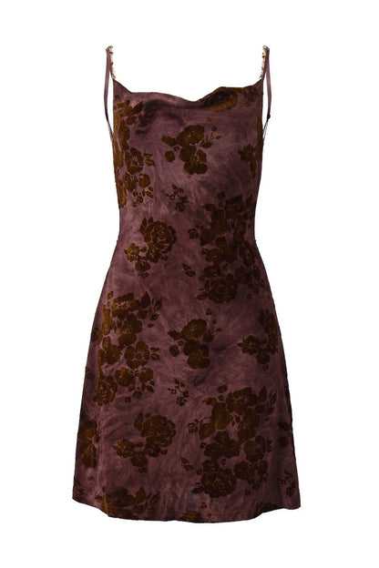 Maroon Floral Cowl Neck Short Dress