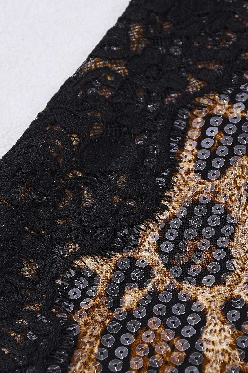 Leopard Sequin Scoop Tight Short Dress