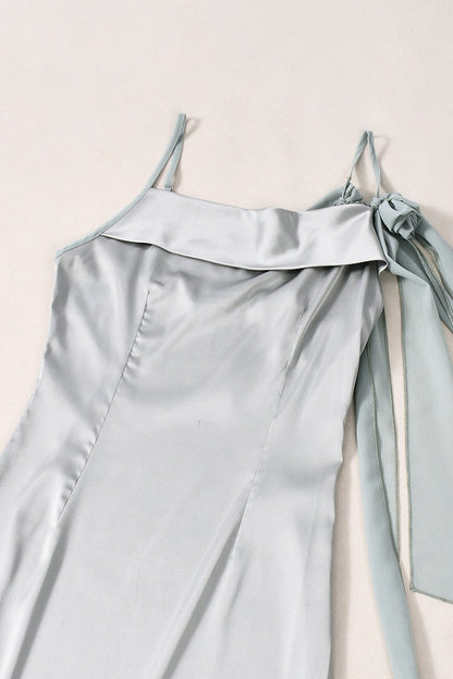 Misty Blue Staps Satin Fitted Long Dress