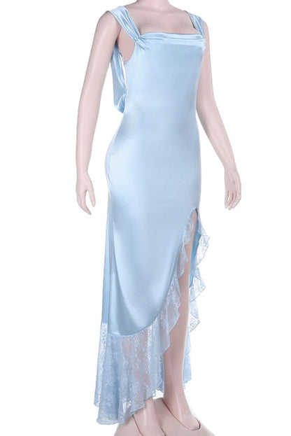 Light Blue Soft Satin Fitted Slit Dress