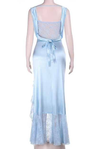 Light Blue Soft Satin Fitted Slit Dress