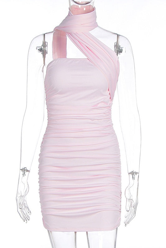 Light Pink One Shoulder Tight Short Dress