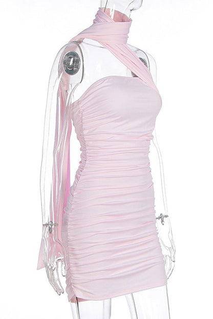 Light Pink One Shoulder Tight Short Dress