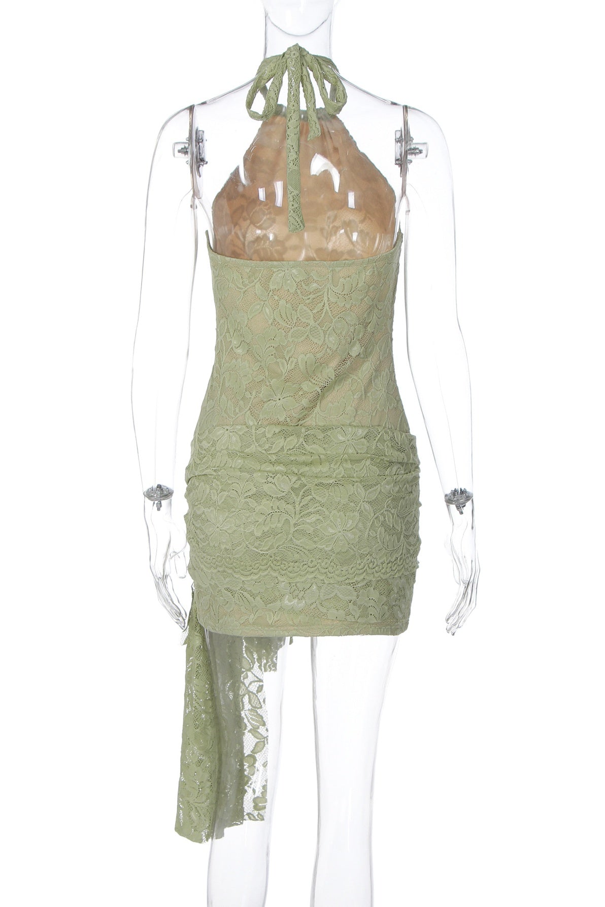 Halter Sage Green Lace Tight Dress with Train