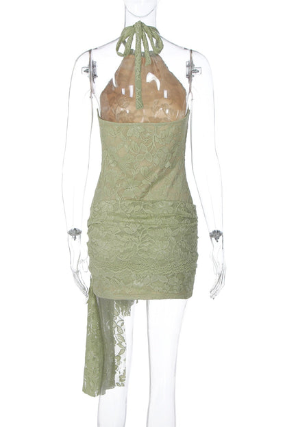 Halter Sage Green Lace Tight Dress with Train