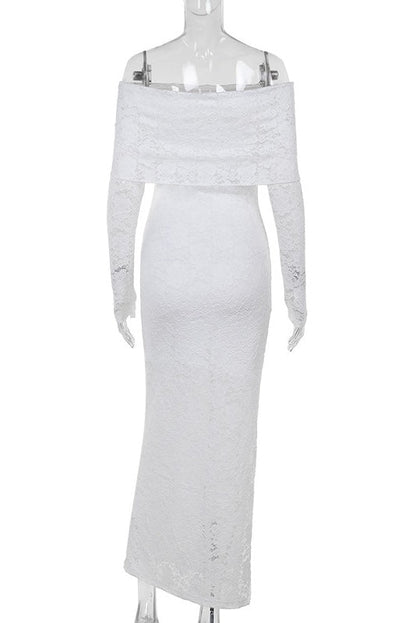Long Sleeves White Lace Crepe Mermaid Dress