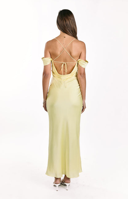 Danni Light Yellow Tie Off Shoulder Formal Maxi Dress
