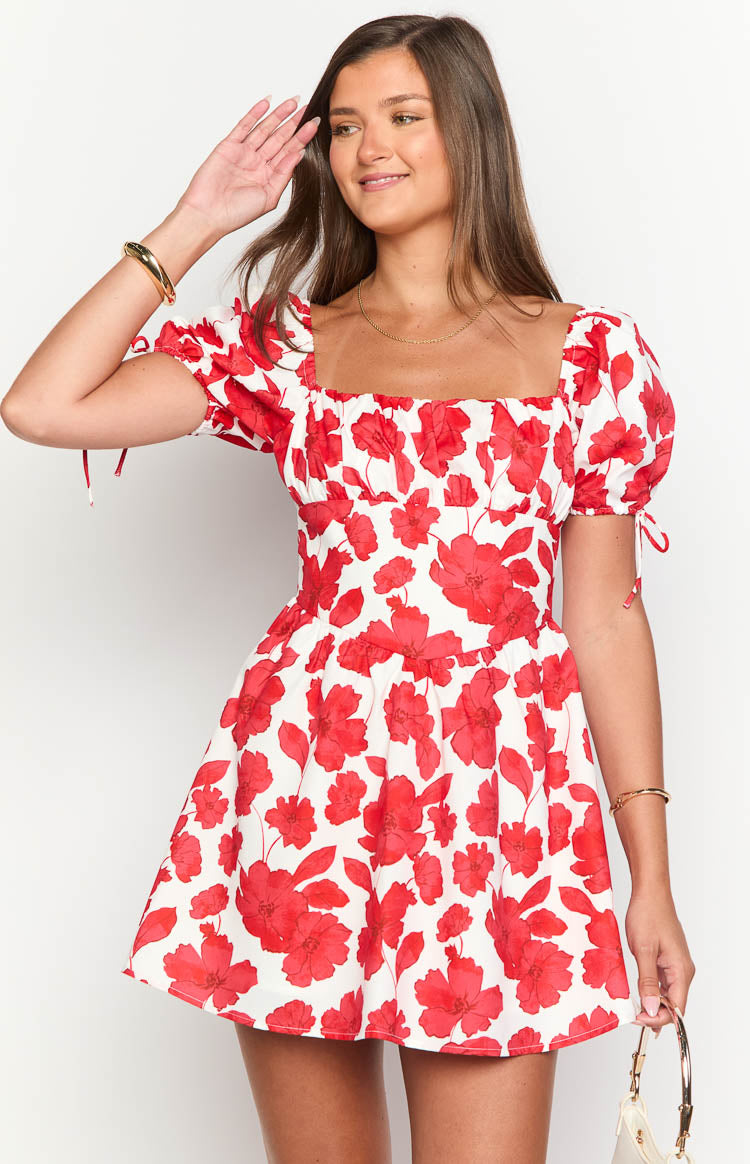 Danyal Red Anemone Floral Print Mini Dress