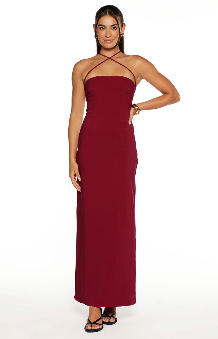 Del Mar Burgundy Crepe Formal Maxi Dress