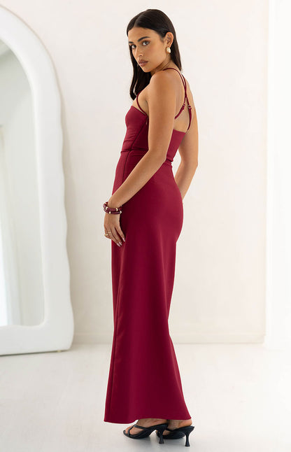 Del Mar Burgundy Crepe Formal Maxi Dress