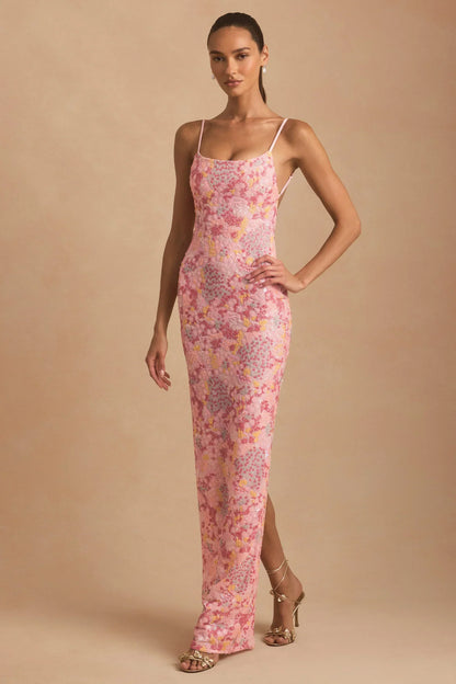 Embellished Scoop-Neck Backless Maxi Dress in Pink