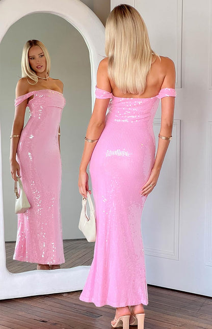 Ella Pink Sequin Off Shoulder Formal Maxi Dress