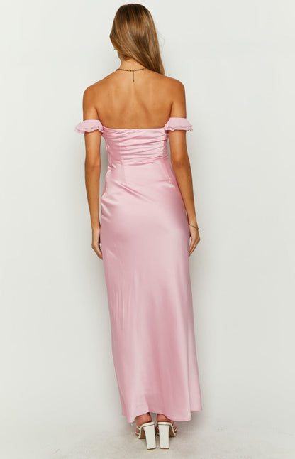 Elvira Pink Satin Formal Maxi Dress