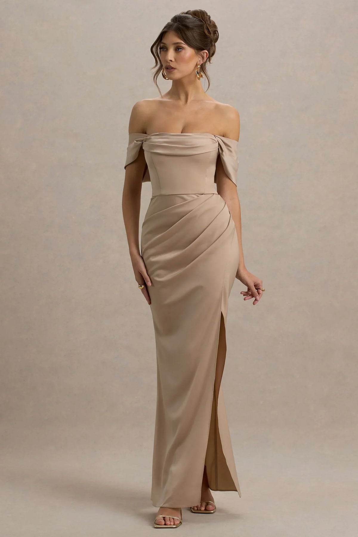 Annie | Champagne Satin Bardot Maxi Dress With Split Wrap Skirt