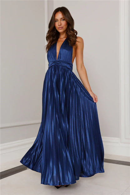 Shimmering Sea Pleated Halter Maxi Dress