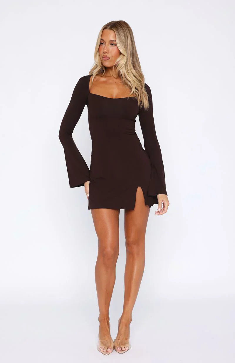 Round My Head Long Sleeve Mini Dress Dark Chocolate