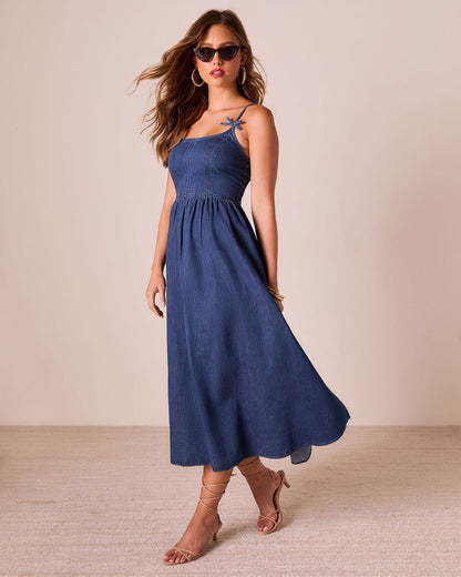 Tide To Me Bow Strap Midi Chambray Dress