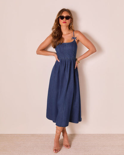Tide To Me Bow Strap Midi Chambray Dress