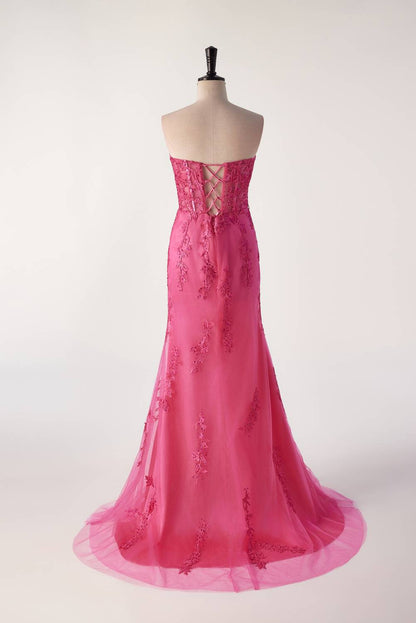 Hot Pink Lace Appliques Mermaid Long Formal Gown