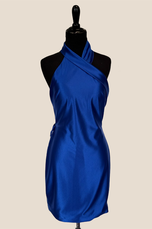 Halter Royal Blue Open Back Short Dress