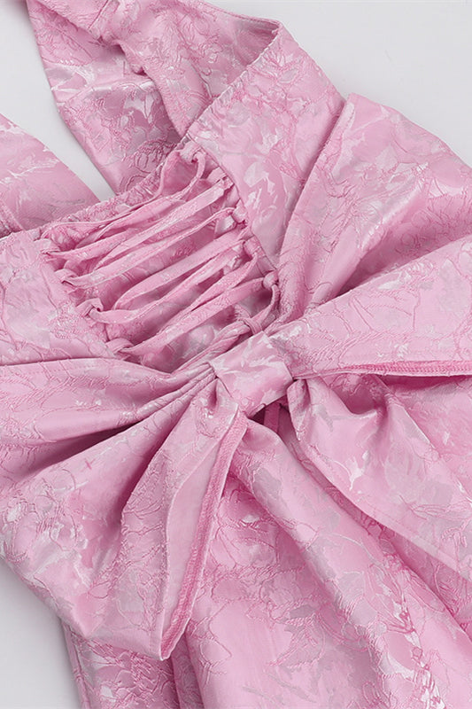Halter Pink Plunge Short A-line Bow Dress