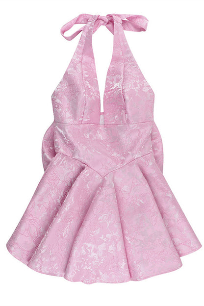 Halter Pink Plunge Short A-line Bow Dress