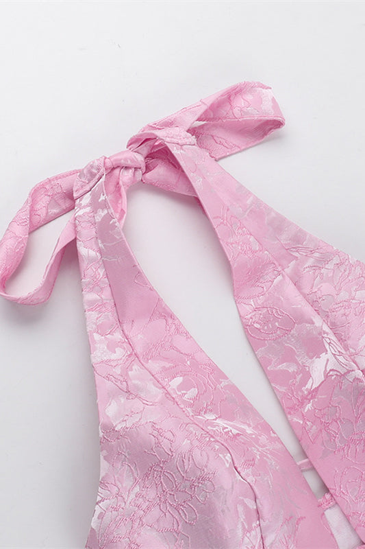 Halter Pink Plunge Short A-line Bow Dress