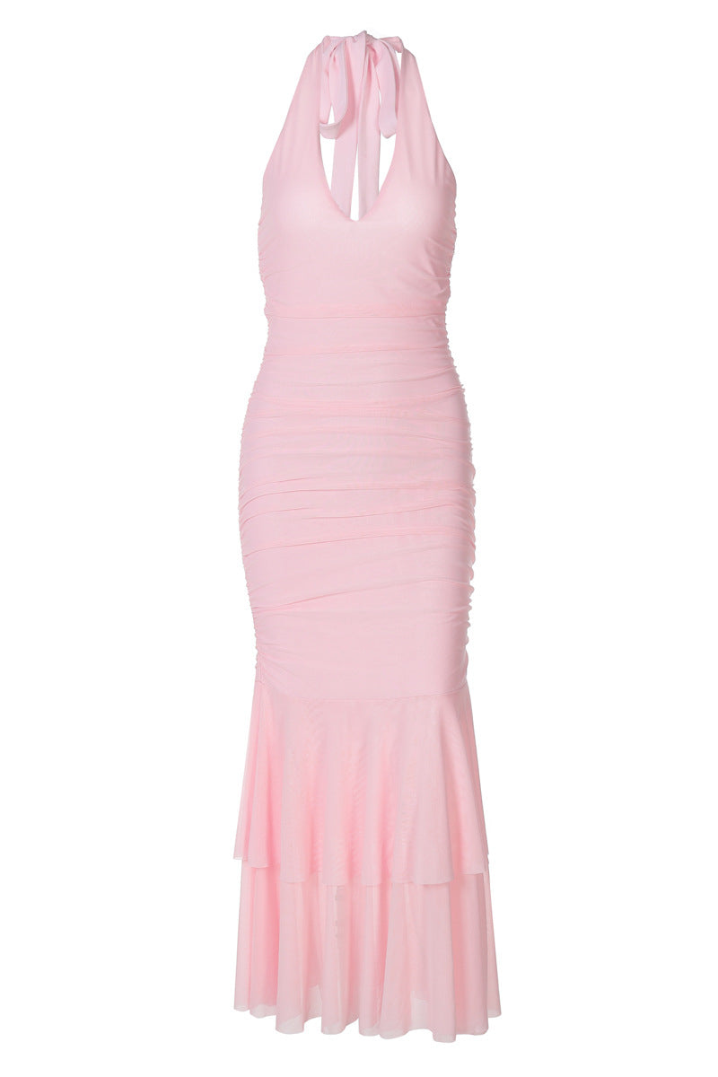 Halter Pink Ruched Tiered Long Dress