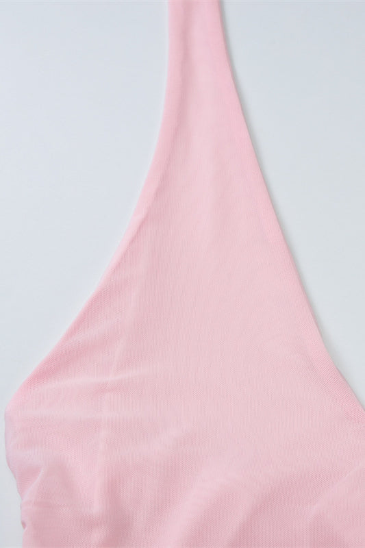 Halter Pink Ruched Tiered Long Dress