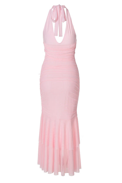 Halter Pink Ruched Tiered Long Dress