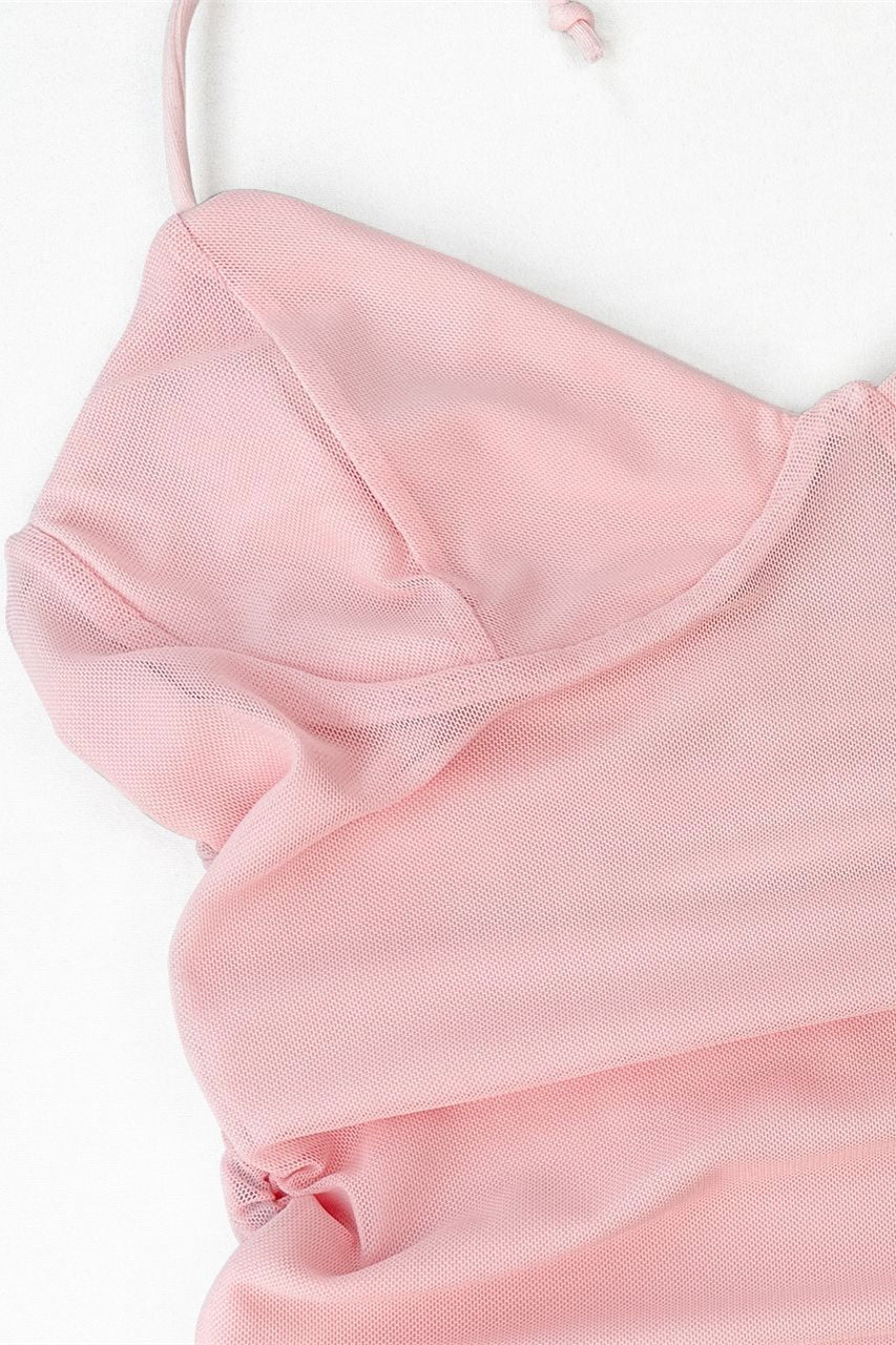 Halter Pink Fitted Frill Train Short Dress