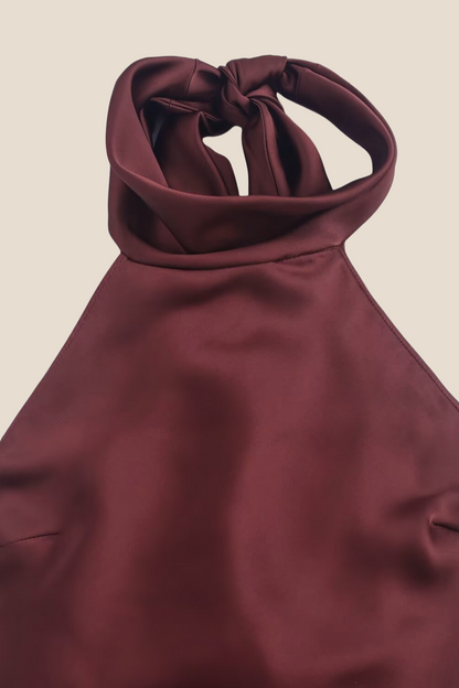High Neck Burgundy Open Back Long Dress
