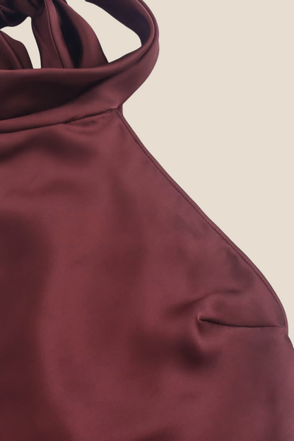 High Neck Burgundy Open Back Long Dress