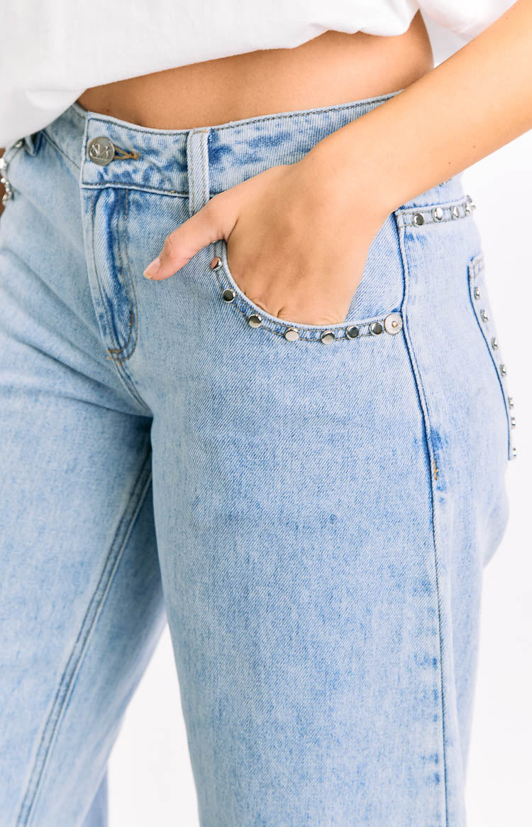 Jannina Light Wash Denim Studded Low Rise Jeans