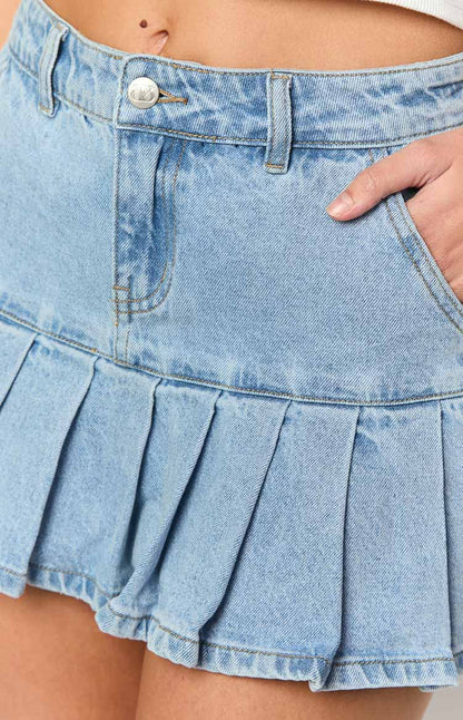 Julia Light Wash Pleated Denim Mini Skirt