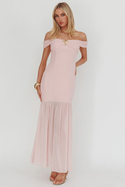 Wilma Off-Shoulder Sheer Hem Maxi Dress Pink