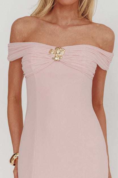 Wilma Off-Shoulder Sheer Hem Maxi Dress Pink