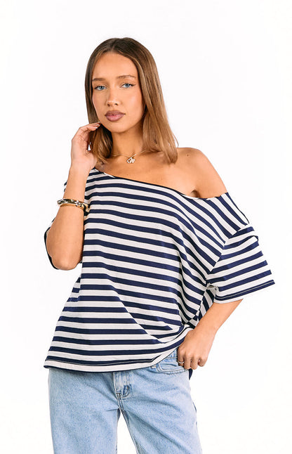 Kaiser Navy Stripe Off Shoulder Oversized Top