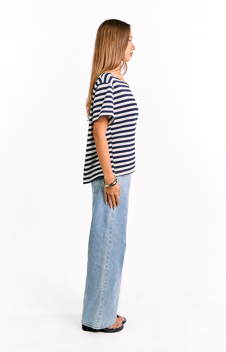 Kaiser Navy Stripe Off Shoulder Oversized Top