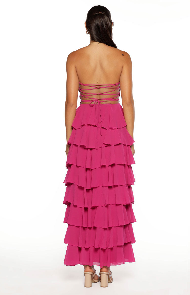 Kim Fuchsia Strapless Ruffle Maxi Dress
