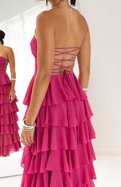 Kim Fuchsia Strapless Ruffle Maxi Dress