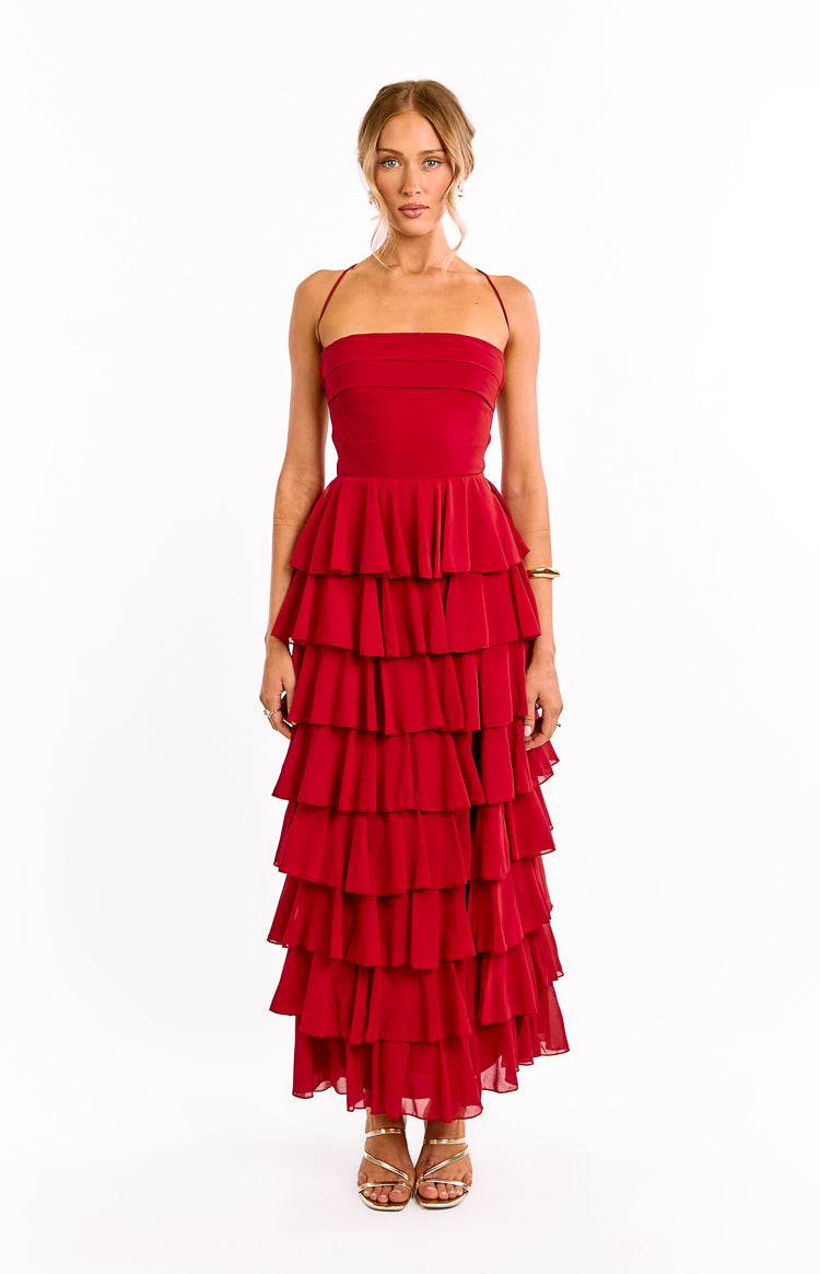 Kim Red Strapless Ruffle Maxi Dress