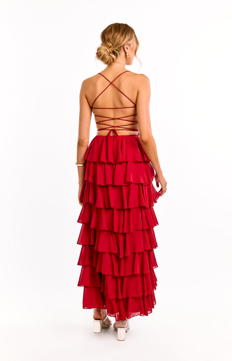 Kim Red Strapless Ruffle Maxi Dress