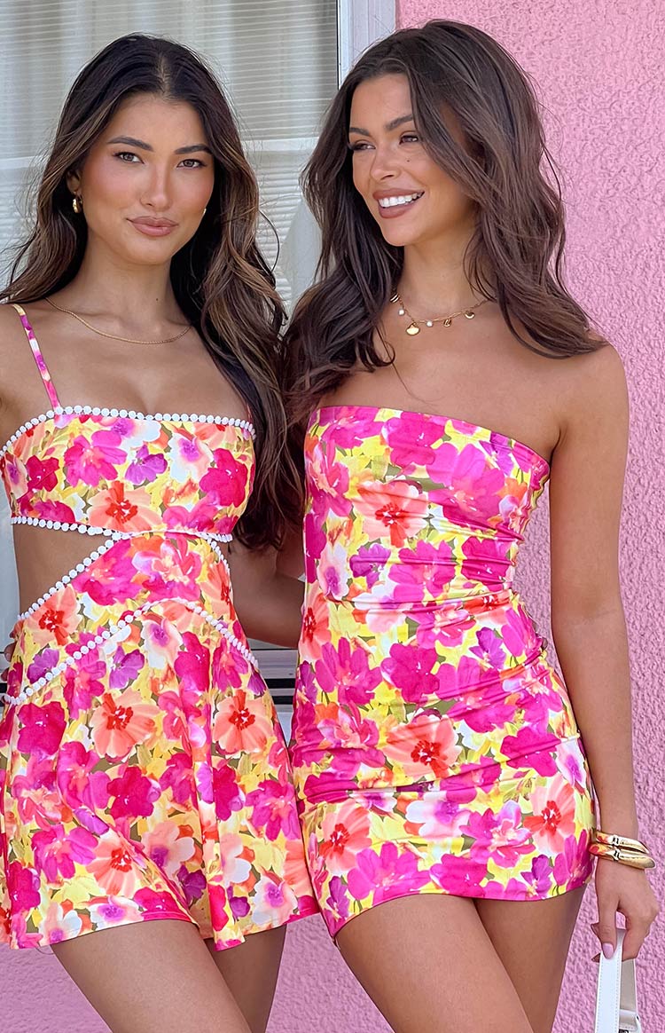 Lee Yellow Floral Pop Strapless Mini Dress