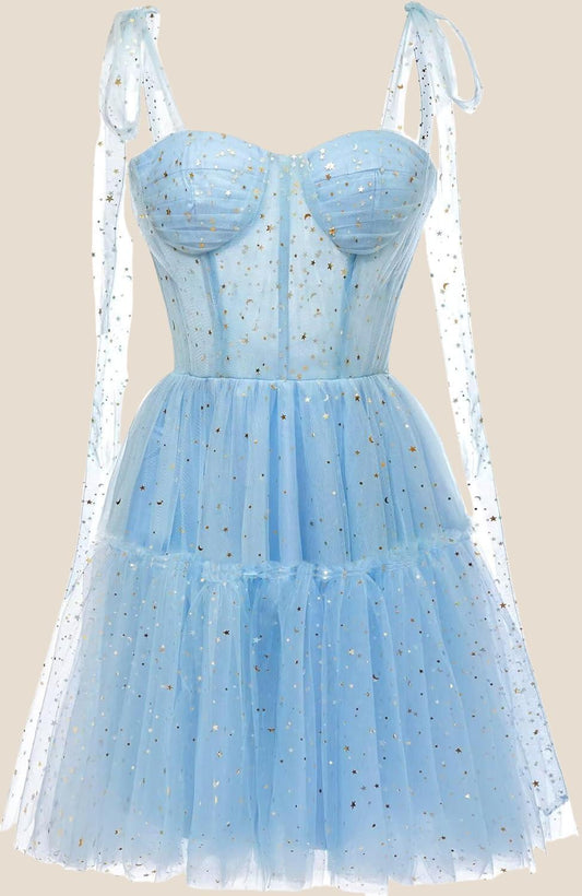 Light Blue Sparkly Starry Tulle Homecoming Dress