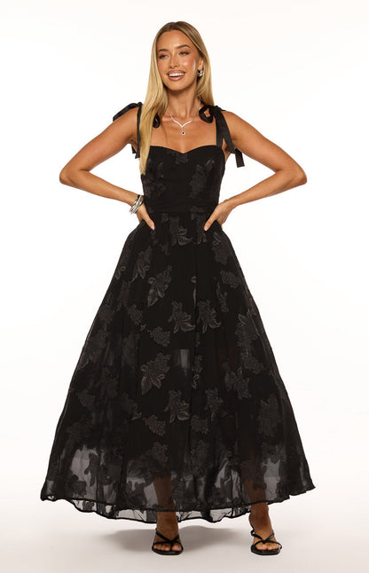 Lily Black Tie Shoulder Formal Maxi Dress