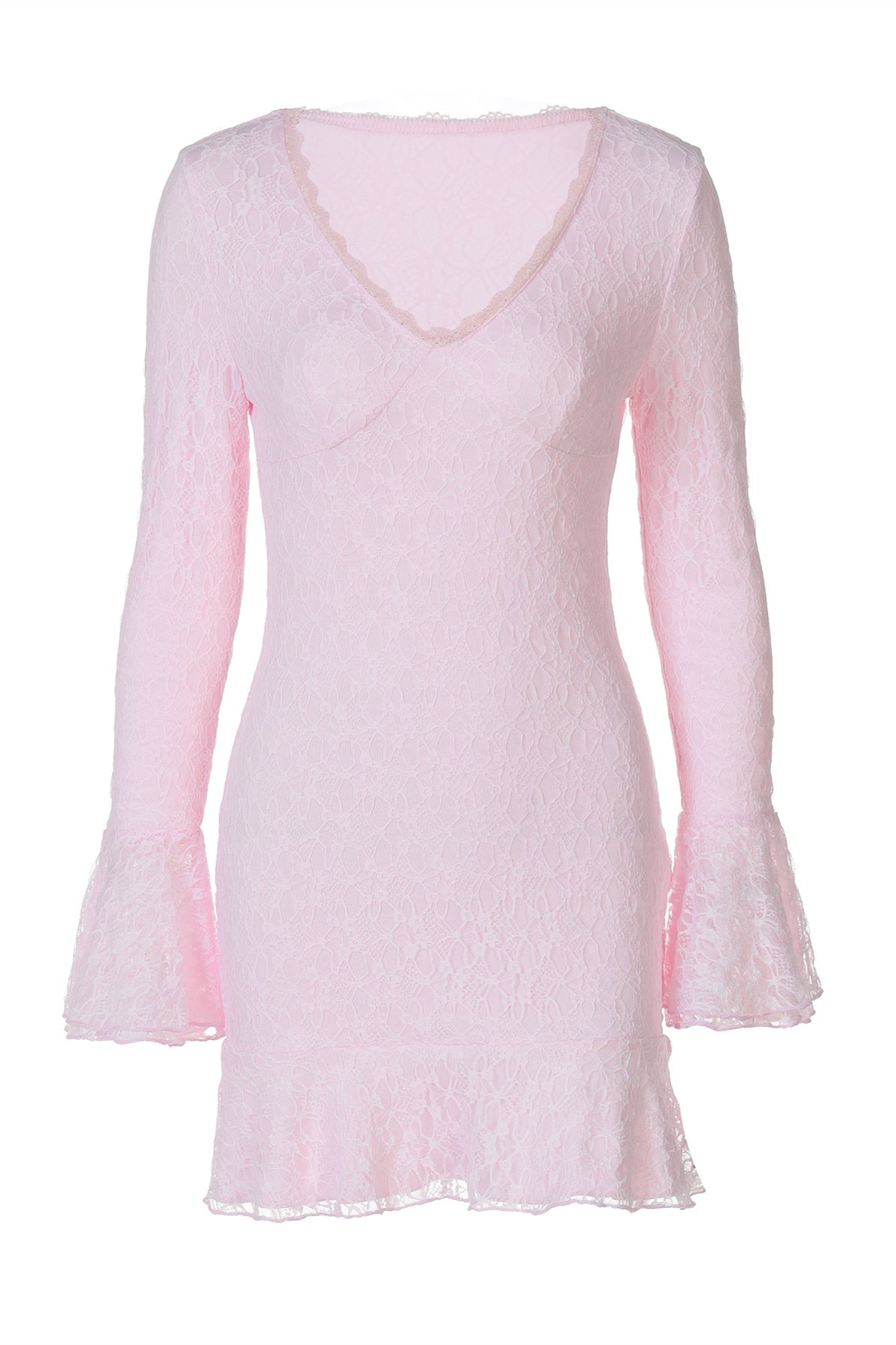 Long Sleeves Pink Lace Ruffled Short Dress