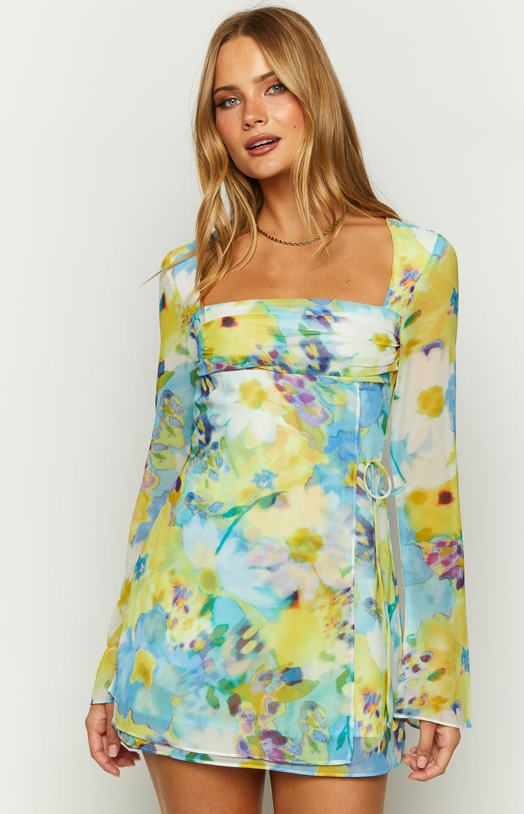 Lucy Blue Floral Long Sleeve Mini Dress