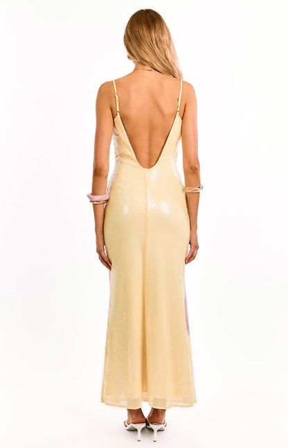 Marchelle Yellow Floral Sequin Maxi Dress