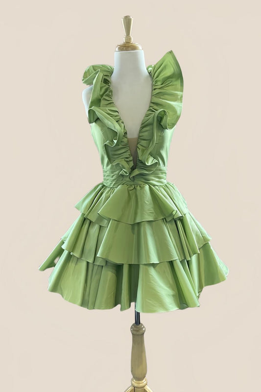 Halter Sage Green Ruffle Tiered Short Dress